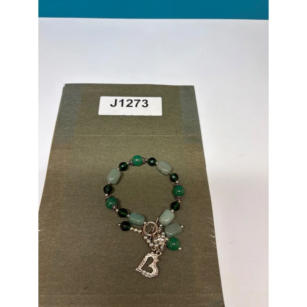 Green Aventurine Glass Bead Heart Charm Toggle Bracelet Silver Tone Boho
